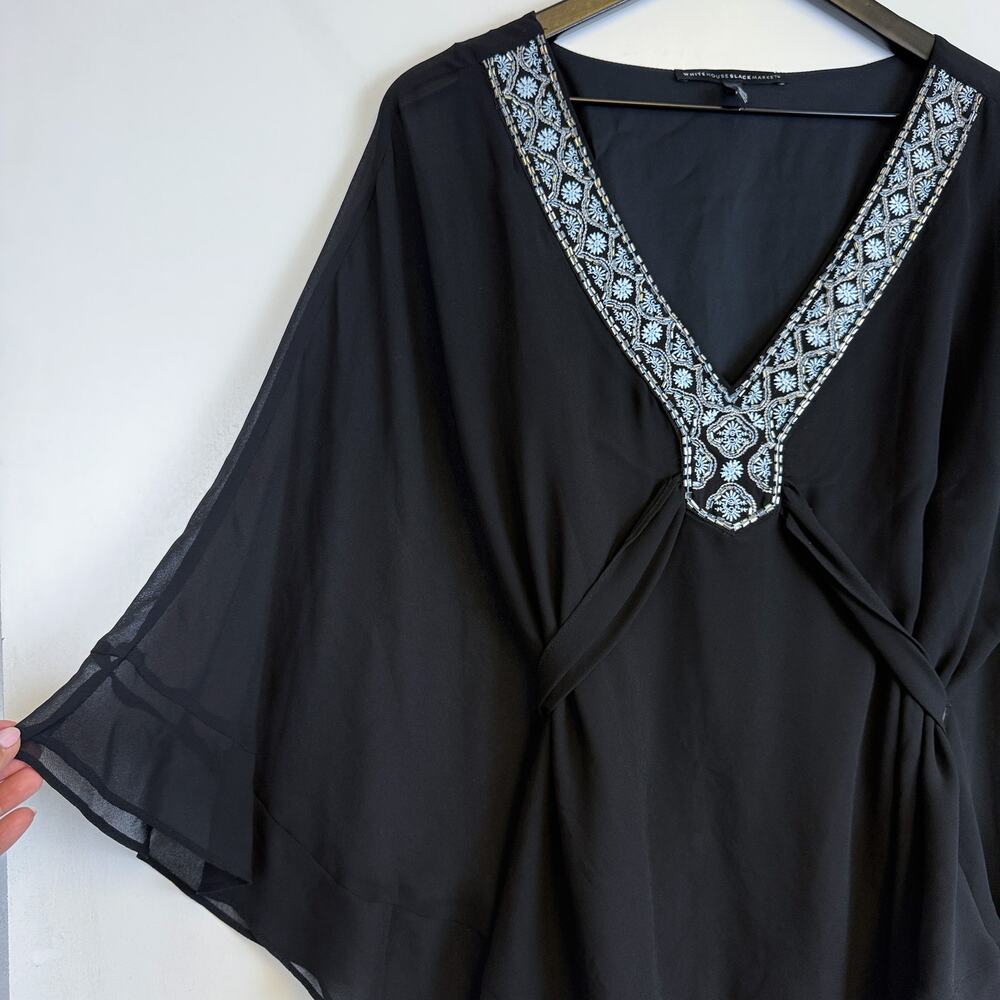 White House Black Market Chiffon Poncho Belted VNeck Blouse Bat Wing - L - Picture 2 of 9